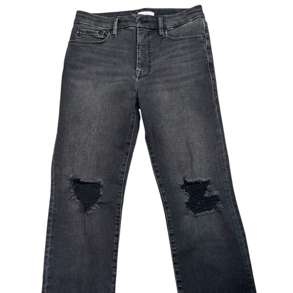 GOOD AMERICAN Black Distressed Denim Jeans Legs‎ Straight High Waist 10 Raw Hem - Picture 3 of 5